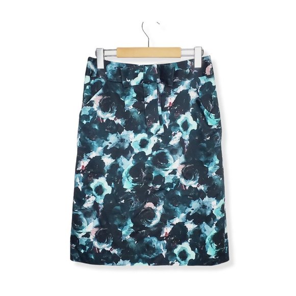 Milly Skirt Italian Fabric Teal Floral Bow Detail Abstract Pencil 6 - Picture 2 of 11